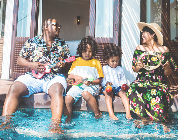 Home exchange — illustration of a family in front of their home