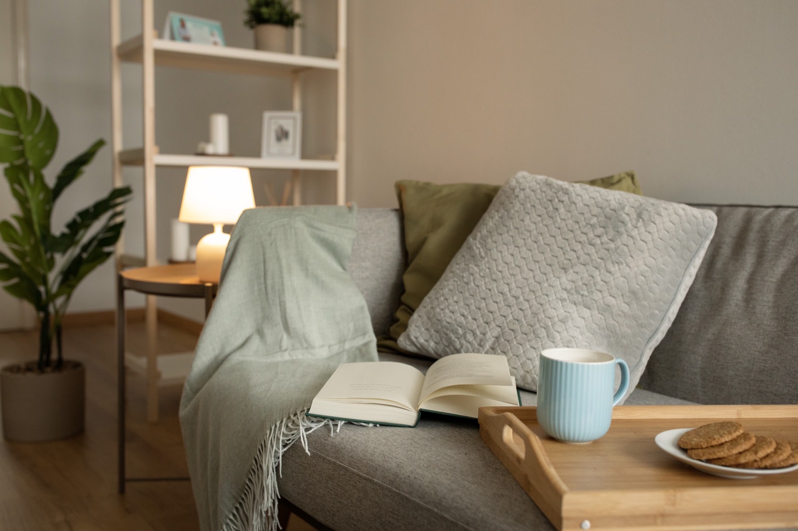 A sofa with a throw, an open book and a tray holding a mug and biscuits, in a lamplit living room
